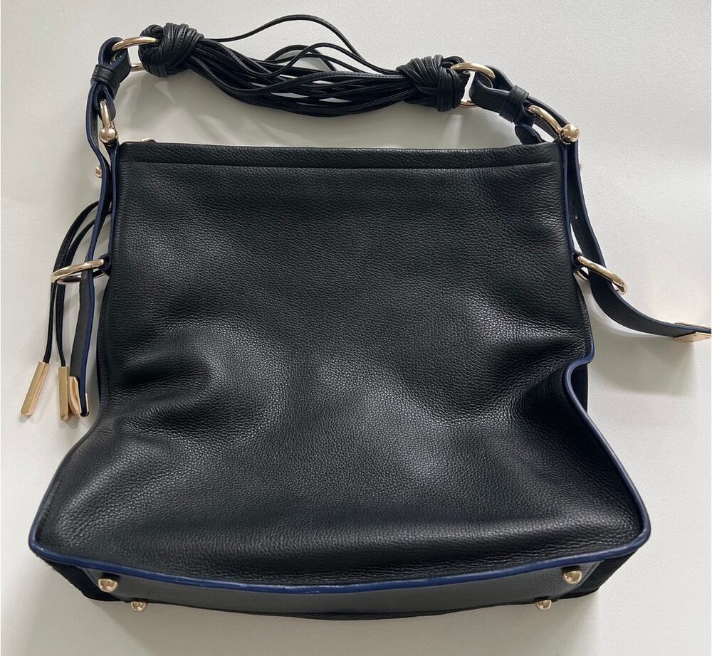 Stuart Weitzman Brigitte Pebbled Leather Hobo Bag Black BlueGold Shoulder Tote